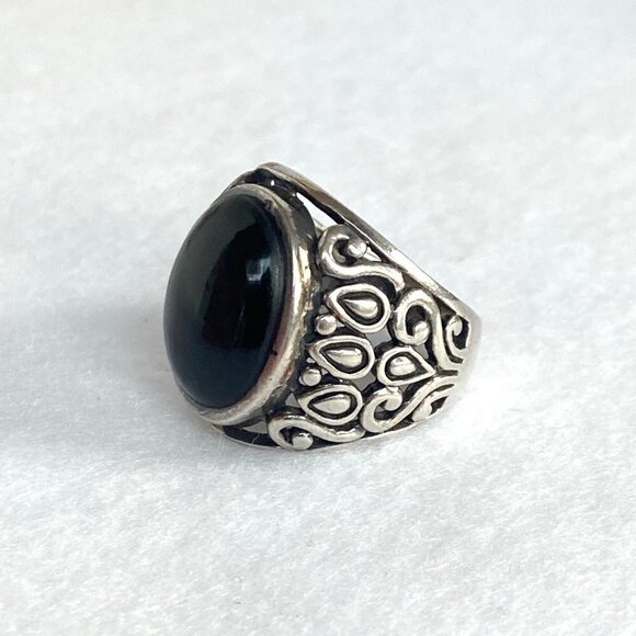 Sterling Silver 925 Chunky Oval Black Onyx Cab Pierced Scrollwork Ring Sz 6.5 - Picture 5 of 16